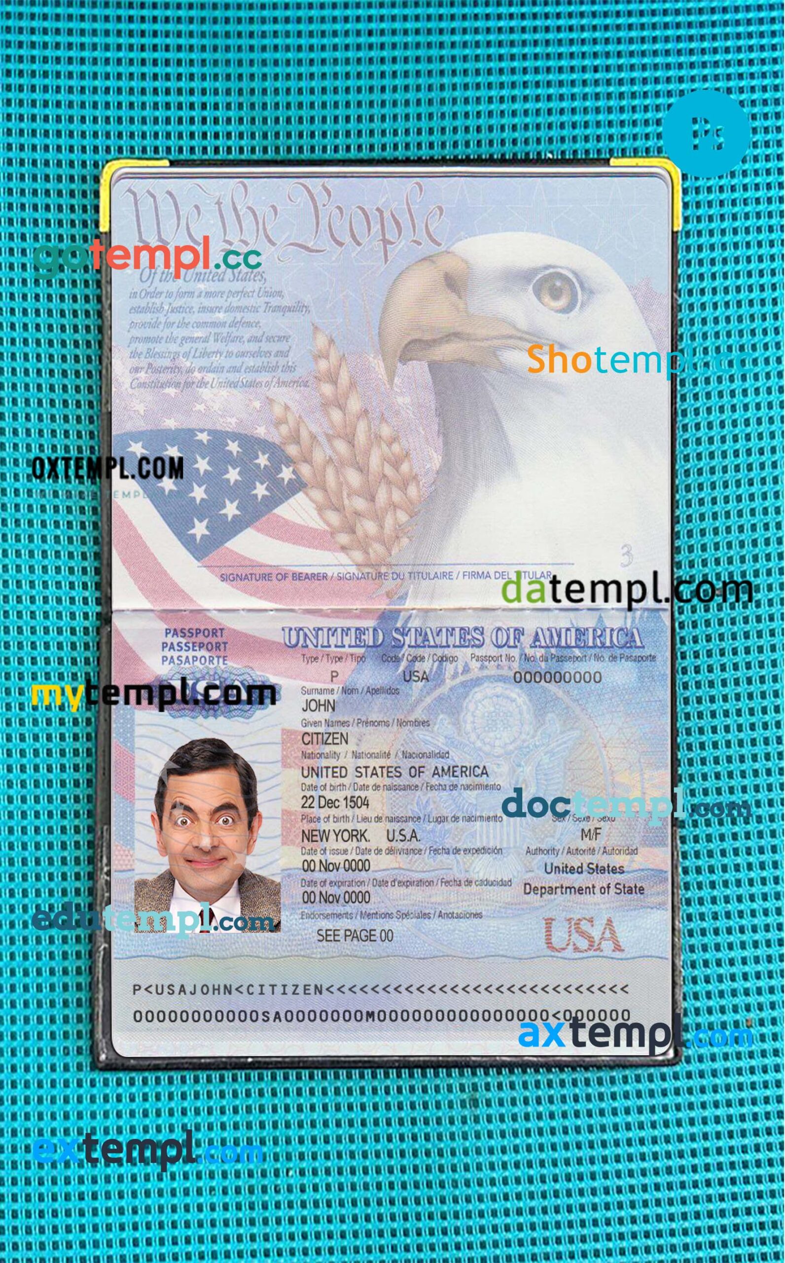 USA passport editable PSD files, scan and photo look templates (2007-2022),2 in 1