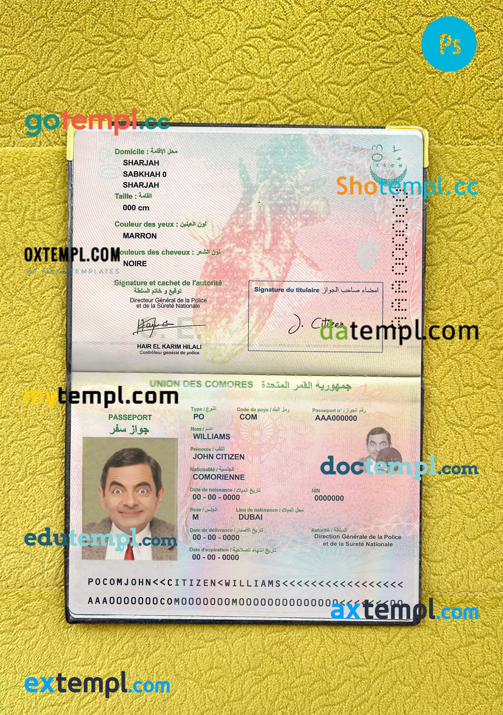 Union Des Comores passport PSD files, scan and photo look templates, 2 in 1