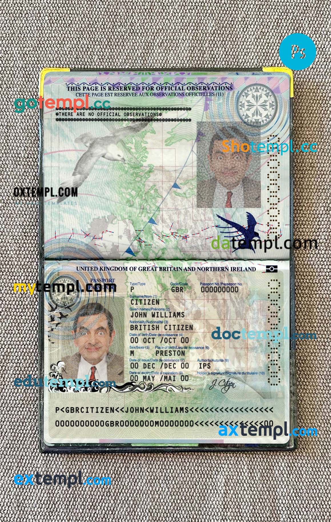 United Kingdom of Great Britain passport PSD files, scan and photograghed image (2010-2015),2 in 1